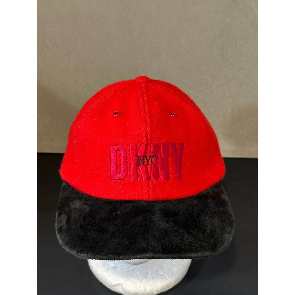 Vintage‎ DKNY NYC Red Wool Black Suede Brim Baseball Cap Hat Made in USA